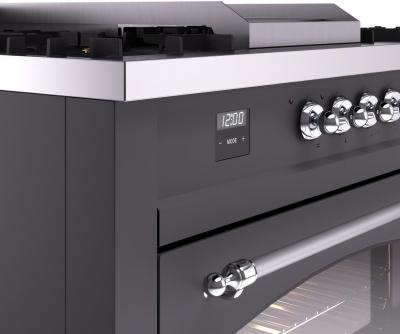 60" ILVE Nostalgie II Dual Fuel Natural Gas Freestanding Range in Matte Graphite with Chrome Trim - UP60FSNMP/MGC NG