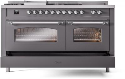 60" ILVE Nostalgie II Dual Fuel Natural Gas Freestanding Range in Matte Graphite with Chrome Trim - UP60FSNMP/MGC NG