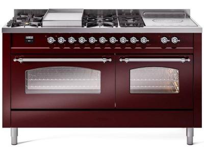 60" ILVE Nostalgie II Dual Fuel Natural Gas Freestanding Range in Burgundy with Chrome Trim - UP60FSNMP/BUC NG