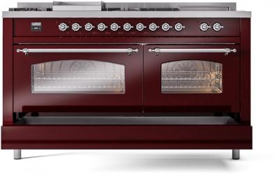 60" ILVE Nostalgie II Dual Fuel Natural Gas Freestanding Range in Burgundy with Chrome Trim - UP60FSNMP/BUC NG