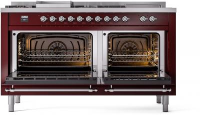 60" ILVE Nostalgie II Dual Fuel Natural Gas Freestanding Range in Burgundy with Chrome Trim - UP60FSNMP/BUC NG
