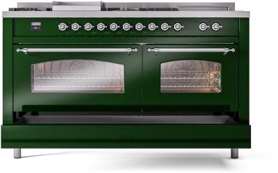 60" ILVE Nostalgie II Dual Fuel Natural Gas Freestanding Range in Emerald Green with Chrome Trim - UP60FSNMP/EGC NG