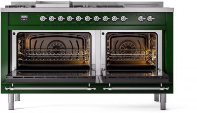 60" ILVE Nostalgie II Dual Fuel Natural Gas Freestanding Range in Emerald Green with Chrome Trim - UP60FSNMP/EGC NG