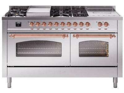 60" ILVE Nostalgie II Dual Fuel Liquid Propane Freestanding Range in Stainless Steel with Copper Trim - UP60FSNMP/SSP LP