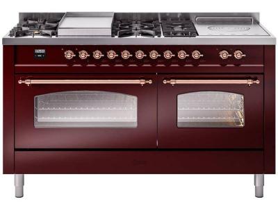 60" ILVE Nostalgie II Dual Fuel Liquid Propane Freestanding Range in  Burgundy with Copper Trim - UP60FSNMP/BUP LP