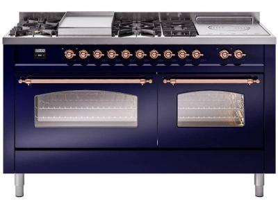 60" ILVE Nostalgie II Dual Fuel Liquid Propane Freestanding Range in Blue with Copper Trim - UP60FSNMP/MBP LP