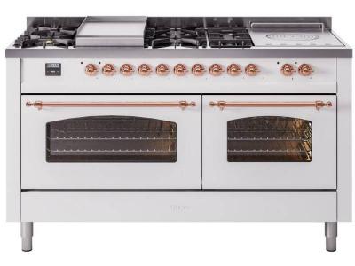 60" ILVE Nostalgie II Dual Fuel Liquid Propane Freestanding Range in White with Copper Trim - UP60FSNMP/WHP LP