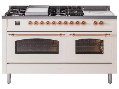 60" ILVE Nostalgie II Dual Fuel Liquid Propane Freestanding Range in Antique White with Copper Trim - UP60FSNMP/AWP LP