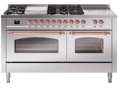 60" ILVE Nostalgie II Dual Fuel Natural Gas Freestanding Range in Stainless Steel with Copper Trim - UP60FSNMP/SSP NG