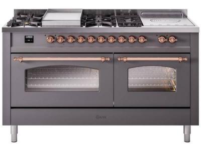 60" ILVE Nostalgie II Dual Fuel Natural Gas Freestanding Range in Matte Graphite  with Copper Trim - UP60FSNMP/MGP NG