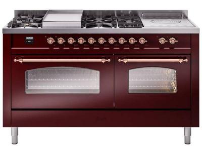 60" ILVE Nostalgie II Dual Fuel Natural Gas Freestanding Range in  Burgundy with Copper Trim - UP60FSNMP/BUP NG