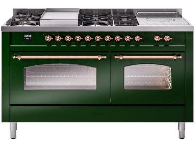 60" ILVE Nostalgie II Dual Fuel Natural Gas Freestanding Range in Emerald Green with Copper Trim - UP60FSNMP/EGP NG