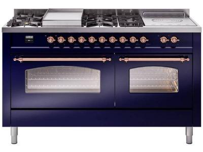 60" ILVE Nostalgie II Dual Fuel Natural Gas Freestanding Range in  Blue with Copper Trim - UP60FSNMP/MBP NG