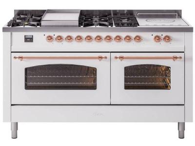 60" ILVE Nostalgie II Dual Fuel Natural Gas Freestanding Range in White with Copper Trim - UP60FSNMP/WHP NG