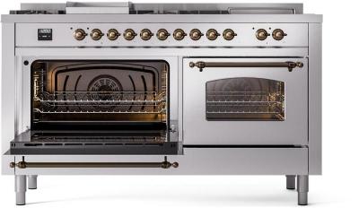 60" ILVE Nostalgie II Dual Fuel Natural Gas Freestanding Range in Stainless Steel with Bronze Trim - UP60FSNMPSSB