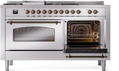 60" ILVE Nostalgie II Dual Fuel Natural Gas Freestanding Range in Stainless Steel with Bronze Trim - UP60FSNMPSSB