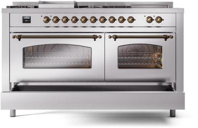 60" ILVE Nostalgie II Dual Fuel Natural Gas Freestanding Range in Stainless Steel with Bronze Trim - UP60FSNMPSSB