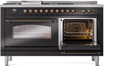 60" ILVE Nostalgie II Dual Fuel Natural Gas Freestanding Range in Glossy Black with Bronze Trim - UP60FSNMP/BKB NG