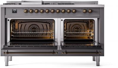 60" ILVE Nostalgie II Dual Fuel Natural Gas Freestanding Range in Matte Graphite with Bronze Trim - UP60FSNMP/MGB NG