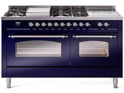 60" ILVE Nostalgie II Dual Fuel Natural Gas Freestanding Range in Blue with Chrome Trim - UP60FSNMP/MBC NG