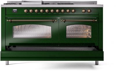 60" ILVE Nostalgie II Dual Fuel Natural Gas Freestanding Range in Emerald Green with Bronze Trim - UP60FSNMP/EGB NG