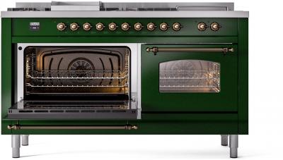 60" ILVE Nostalgie II Dual Fuel Natural Gas Freestanding Range in Emerald Green with Bronze Trim - UP60FSNMP/EGB NG