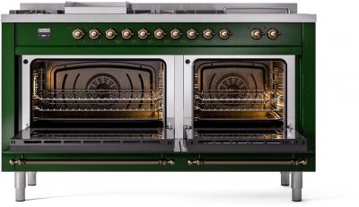 60" ILVE Nostalgie II Dual Fuel Natural Gas Freestanding Range in Emerald Green with Bronze Trim - UP60FSNMP/EGB NG