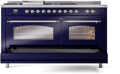 60" ILVE Nostalgie II Dual Fuel Natural Gas Freestanding Range in Blue with Chrome Trim - UP60FSNMP/MBC NG