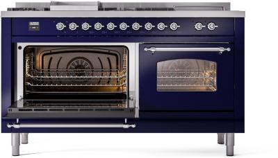 60" ILVE Nostalgie II Dual Fuel Natural Gas Freestanding Range in Blue with Chrome Trim - UP60FSNMP/MBC NG