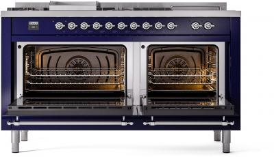 60" ILVE Nostalgie II Dual Fuel Natural Gas Freestanding Range in Blue with Chrome Trim - UP60FSNMP/MBC NG