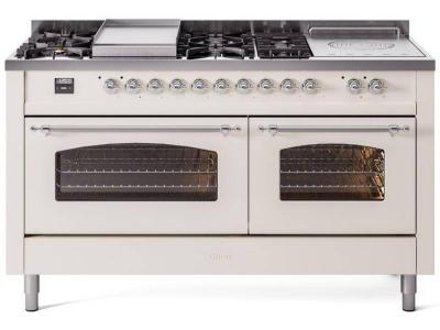 60" ILVE Nostalgie II Dual Fuel Natural Gas Freestanding Range in Antique White with Chrome Trim - UP60FSNMP/AWC NG