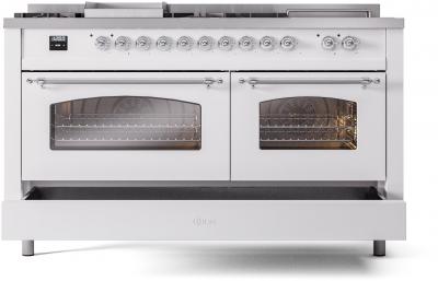 60" ILVE Nostalgie II Dual Fuel Natural Gas Freestanding Range in White with Chrome Trim - UP60FSNMP/WHC NG