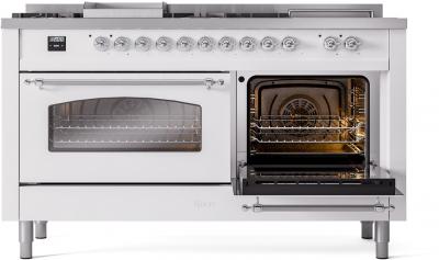 60" ILVE Nostalgie II Dual Fuel Natural Gas Freestanding Range in White with Chrome Trim - UP60FSNMP/WHC NG