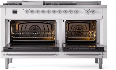 60" ILVE Nostalgie II Dual Fuel Natural Gas Freestanding Range in White with Chrome Trim - UP60FSNMP/WHC NG