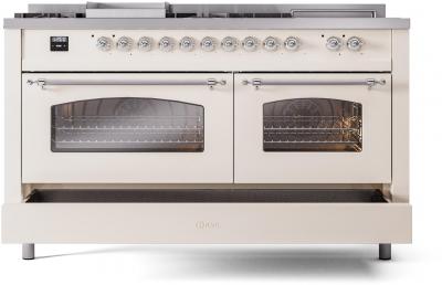 60" ILVE Nostalgie II Dual Fuel Natural Gas Freestanding Range in Antique White with Chrome Trim - UP60FSNMP/AWC NG