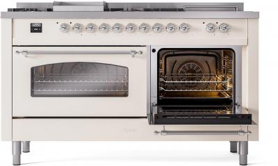 60" ILVE Nostalgie II Dual Fuel Natural Gas Freestanding Range in Antique White with Chrome Trim - UP60FSNMP/AWC NG