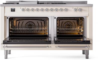 60" ILVE Nostalgie II Dual Fuel Natural Gas Freestanding Range in Antique White with Chrome Trim - UP60FSNMP/AWC NG