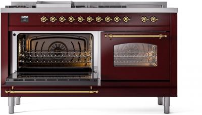 60" ILVE Nostalgie II Dual Fuel Liquid Propane Freestanding Range in  Burgundy with Brass Trim - UP60FSNMP/BUG LP