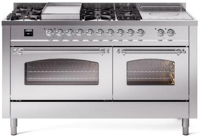 60" ILVE Nostalgie II Dual Fuel Liquid Propane Freestanding Range in Stainless Steel with Chrome Trim - UP60FSNMP/SSC LP