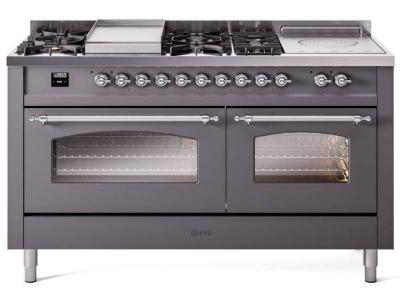 60" ILVE Nostalgie II Dual Fuel Liquid Propane Freestanding Range in Matte Graphite with Chrome Trim - UP60FSNMP/MGC LP