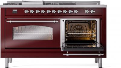 60" ILVE Nostalgie II Dual Fuel Liquid Propane Freestanding Range in Burgundy with Chrome Trim - UP60FSNMP/BUC LP