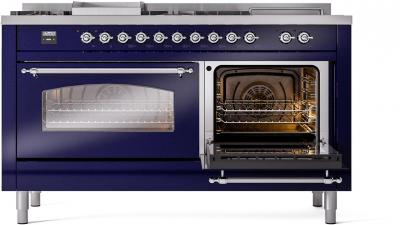 60" ILVE Nostalgie II Dual Fuel Liquid Propane Freestanding Range in Blue with Chrome Trim - UP60FSNMP/MBC LP