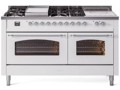 60" ILVE Nostalgie II Dual Fuel Liquid Propane Freestanding Range in White with Chrome Trim - UP60FSNMP/WHC LP