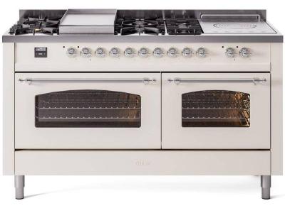 60" ILVE Nostalgie II Dual Fuel Liquid Propane Freestanding Range in Antique White with Chrome Trim - UP60FSNMP/AWC LP