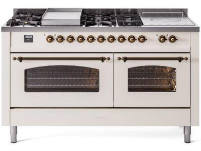 60" ILVE Nostalgie II Dual Fuel Liquid Propane Freestanding Range in Antique White with Bronze Trim - UP60FSNMP/AWB LP