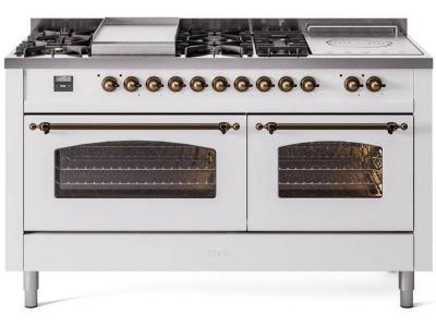 60" ILVE Nostalgie II Dual Fuel Liquid Propane Freestanding Range in White with Bronze Trim - UP60FSNMP/WHB LP