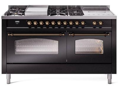 60" ILVE Nostalgie II Dual Fuel Liquid Propane Freestanding Range in Glossy Black with Bronze Trim - UP60FSNMP/BKB LP