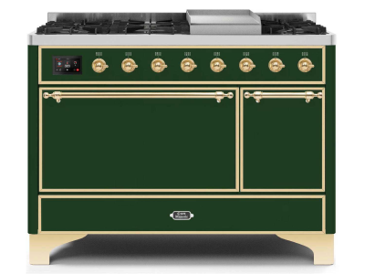 48" ILVE 5.02 Cu. Ft. Majestic II Dual Fuel Natural Gas Freestanding Range in Emerald Green with Brass Trim - UM12FDQNS3/EGG NG