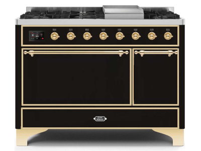 48" ILVE 5.02 Cu. Ft. Majestic II Dual Fuel Natural Gas Freestanding Range in Glossy Black with Brass Trim - UM12FDQNS3/BKG NG