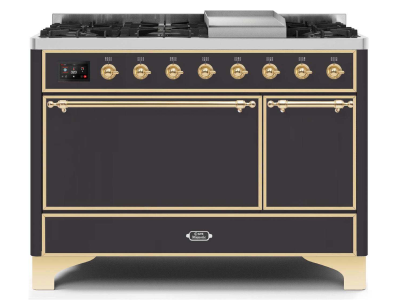 48" ILVE 5.02 Cu. Ft. Majestic II Dual Fuel Natural Gas Freestanding Range in Matte Graphite with Brass Trim - UM12FDQNS3/MGG NG